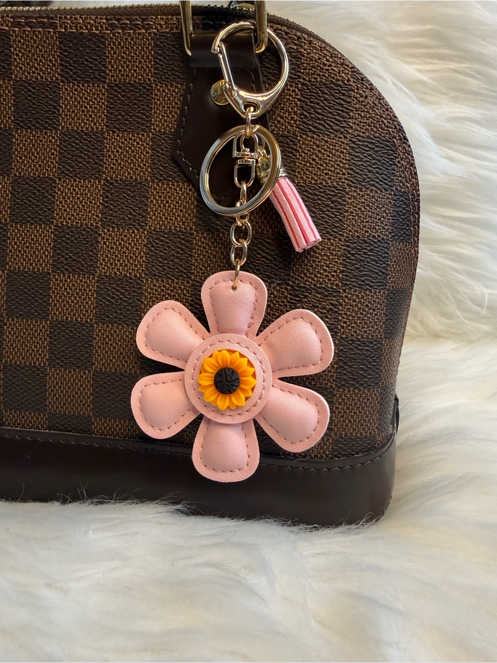 Light pink Faux Leather Flower Bag Charm Keychain New Handmade Purse Accessories